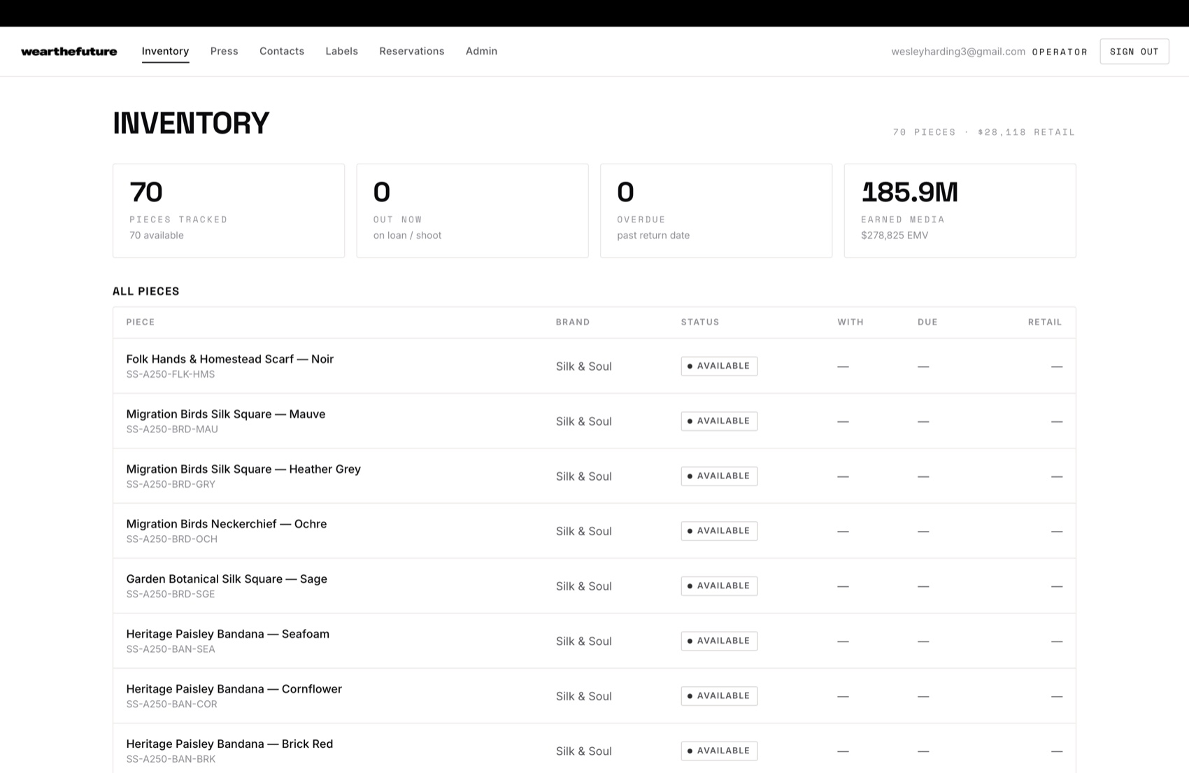 Inventory dashboard — 70 pieces tracked, status and due dates